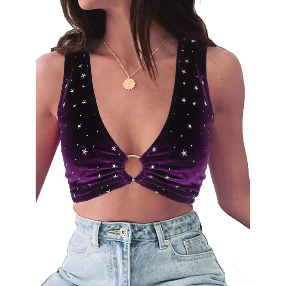 Women Sparkly Festival Rave Crop Top Purple Sequin V Neck Partywear
